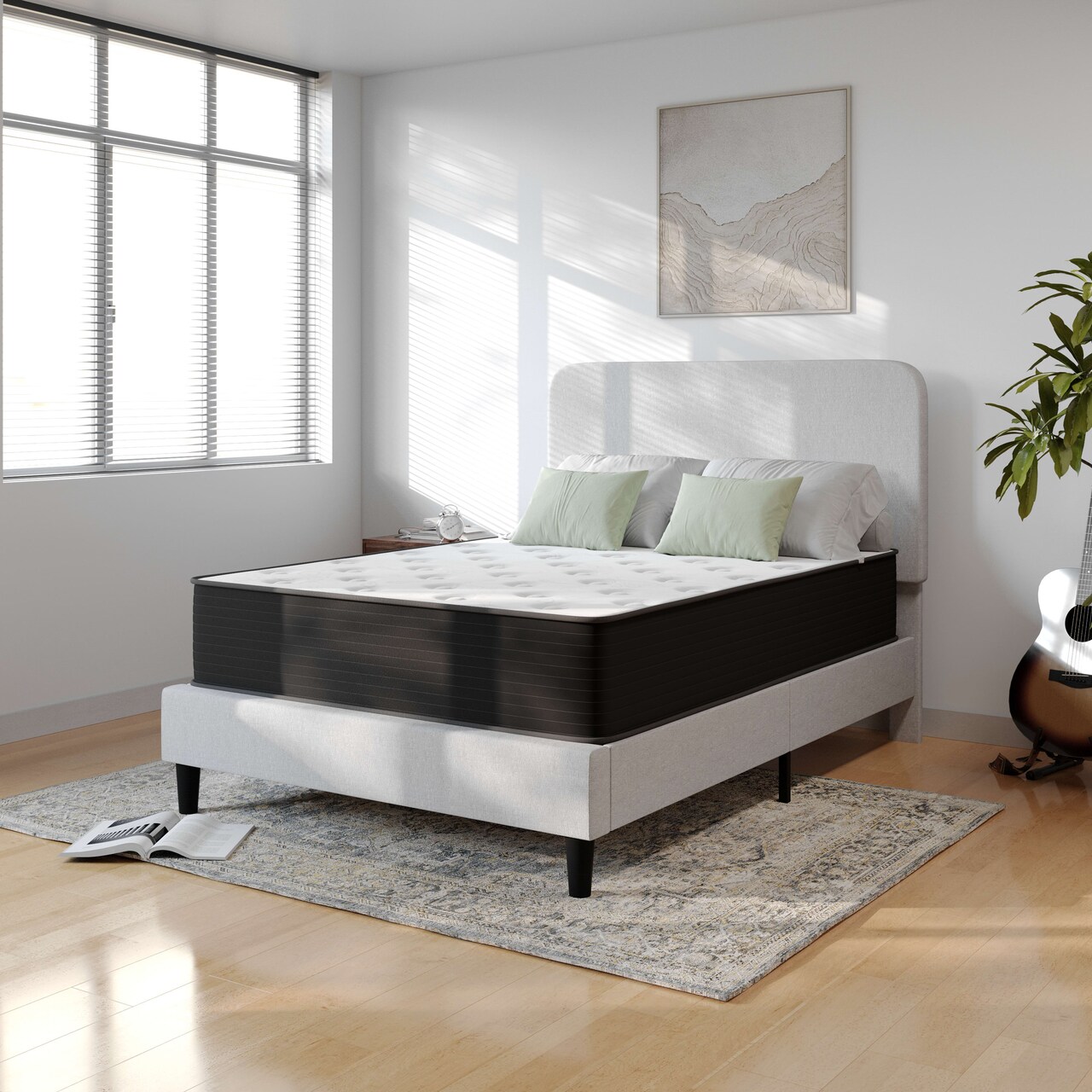 Emma and Oliver Drift 12 Inch Hybrid Mattress, High Density Cooling Foam and Pocket Spring Mattress in a Box, CertiPur-US Certified Foam, White/Black